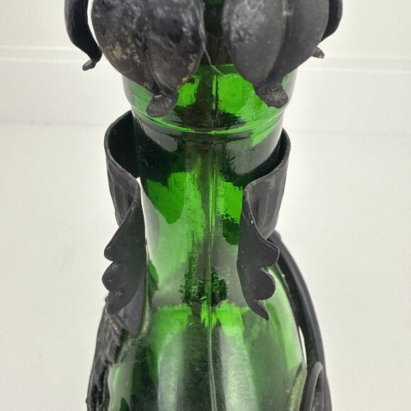 Vintage Metal Encased Wine Bottle w/ Iron Handle Green Glass Ornate With Cork - Picture 6 of 13
